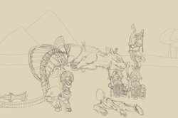 Size: 4853x3214 | Tagged: safe, artist:fameng, derpibooru import, oc, oc:anon, dinosaur, skeleton pony, snake, bone, bow, halberd, high queen khalida, monochrome, mummy, skeleton, tomb kings, traditional art, warhammer (game), warhammer fantasy, weapon, wip