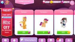 Size: 1280x720 | Tagged: safe, derpibooru import, pipsqueak, scootaloo, smolder, dragon, earth pony, pegasus, pony, bits, blank flank, claws, coin, colt, cutie mark, dragon wings, dragoness, fangs, female, filly, foal, game screencap, gameloft, gem, greedloft, hooves, horns, male, open mouth, pirate, text, wings