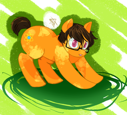 Size: 606x549 | Tagged: safe, artist:caiterpillart, derpibooru import, earth pony, pony, abstract background, glasses, male, solo, stallion, stretching