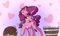 Size: 2500x1500 | Tagged: safe, artist:sentireaeris, sugar belle, pony, unicorn, hard to say anything, apple, bucket, female, food, fruit, heart, mare, open mouth, raised hoof, solo