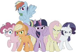 Size: 5303x3684 | Tagged: safe, artist:jhayarr23, derpibooru import, mean applejack, mean fluttershy, mean pinkie pie, mean rainbow dash, mean rarity, mean twilight sparkle, alicorn, earth pony, pegasus, pony, unicorn, the mean 6, clone, clone six, cutie mark, dummy, evil applejack, evil fluttershy, evil grin, evil pinkie pie, evil rainbow dash, evil rarity, evil twilight, female, grin, looking at you, mane six, mare, mean six, simple background, smiling, transparent background, vector