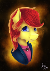 Size: 2480x3508 | Tagged: safe, artist:lav-cavalerie, derpibooru import, oc, oc:jessica pedley, pony, bust, clothes, female, high res, jacket, mare, portrait, solo