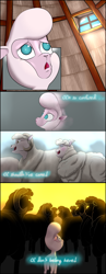 Size: 2800x7200 | Tagged: safe, artist:twiwrite-flare, derpibooru import, pom lamb, sheep, comic:the adventures of pom the sheep, them's fightin' herds, adventure, anxiety, chamber, comic, community related, confused, dialogue, ewe, flashback, flock, looking around, looking up, prologue, ram, ram horns, scary, scary face, silently judging, thatched roof cottages, thought bubble, watching, window