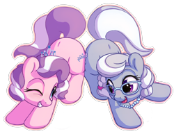 Size: 1400x1100 | Tagged: safe, artist:bobdude0, diamond tiara, silver spoon, earth pony, pony, adorabullies, bump bump sugar lump rump, butt to butt, butt touch, cute, diamondbetes, duo, female, filly, looking at each other, one eye closed, silverbetes, simple background, smiling, transparent background, wink