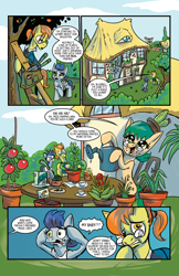 Size: 3300x5100 | Tagged: safe, artist:lytlethelemur, artist:willdabeard, derpibooru import, oc, oc:nutmeg, oc:nutmegs parents, earth pony, pony, comic:for the love of nutmeg, comic, littlepartycomics, plant, ponyville, roleplaying is magic, tea party