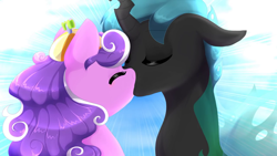 Size: 1280x720 | Tagged: artist needed, source needed, safe, derpibooru import, screwball, oc, oc:mothball, changeling, earth pony, hybrid, pony, fanfic:daughter of discord, changeling oc, digital art, duo, eyes closed, female, interspecies offspring, kissing, male, mare, offspring, offspring shipping, parent:discord, parent:fluttershy, parent:queen chrysalis, parents:discoshy, shipping, straight