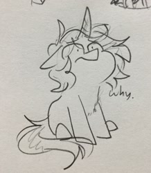 Size: 1655x1902 | Tagged: source needed, safe, artist:hkpegasister, oc, oc only, oc:hyperion, pony, unicorn, pencil drawing, reaction image, sitting, solo, traditional art, why