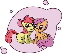 Size: 2801x2442 | Tagged: safe, artist:app1ebloom, derpibooru import, apple bloom, scootaloo, earth pony, pegasus, pony, abstract background, biting, cute, ear bite, female, filly, lesbian, scootabloom, shipping