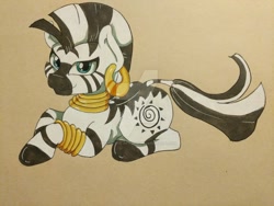 Size: 1024x768 | Tagged: safe, artist:demise-the-art-demon, derpibooru import, zecora, zebra, deviantart watermark, ear piercing, earring, female, jewelry, lying down, piercing, prone, simple background, smiling, solo, traditional art, watermark