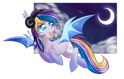 Size: 5000x3200 | Tagged: safe, artist:kaikururu, oc, oc only, oc:moonlight waves, bat pony, pony, absurd resolution, cloud, flying, headphones, moon, music notes, solo, stars