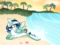 Size: 4000x3000 | Tagged: safe, artist:dreamyeevee, derpibooru import, oc, oc only, oc:wistful galaxy, beach, ear fluff, palm tree, solo, tree, water