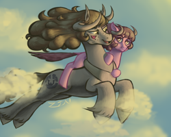 Size: 5000x4000 | Tagged: safe, artist:zintenka, derpibooru import, oc, oc only, oc:dappled crag, oc:rhine crag, bicorn, pony, absurd resolution, airborne, blank flank, cloud, cutie mark, female, filly, flying, looking at each other, mare, mother and child, mother and daughter, parent and child, sunset, unshorn fetlocks