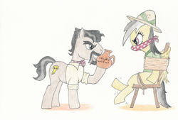 Size: 1272x859 | Tagged: safe, artist:friendshipishorses, derpibooru import, daring do, doctor caballeron, atg 2018, beard, bondage, cloth gag, facial hair, gag, newbie artist training grounds, tied up, traditional art, vase