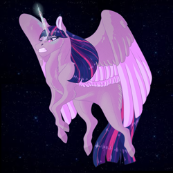 Size: 3000x3000 | Tagged: safe, artist:vlinnyy, derpibooru import, twilight sparkle, twilight sparkle (alicorn), alicorn, pony, angry, female, glowing horn, mare, missing cutie mark, solo, spread wings, starry night, stars, teeth, wings