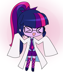 Size: 691x815 | Tagged: artist needed, safe, derpibooru import, sci-twi, twilight sparkle, equestria girls, >.<, clothes, cute, description is relevant, drawthread, female, glasses, gradient background, lab coat, necktie, open mouth, oversized clothes, request, solo, squint, twiabetes