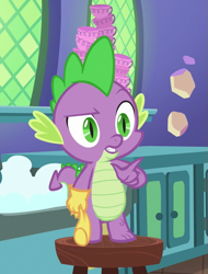 Size: 507x666 | Tagged: safe, derpibooru import, screencap, spike, dragon, all bottled up, season 7, claws, clothes, cropped, cup, dishes, gloves, kitchen, kitchen sink, male, pointing, solo, teacup