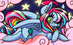 Size: 1280x790 | Tagged: safe, artist:rainbowsaliva, derpibooru import, oc, oc only, pegasus, pony, candy, cloud, diamond eyes, female, food, lollipop, night, solo, stars