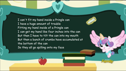 Size: 1280x720 | Tagged: safe, edit, edited edit, edited screencap, screencap, princess flurry heart, alicorn, pony, a flurry of emotions, bo burnham, chips, comic sans, exploitable meme, flurry art, flurry heart's chalkboard, foal, food, make happy, meme, potato chips, pringles, solo