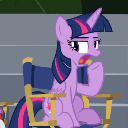 Size: 511x511 | Tagged: safe, derpibooru import, screencap, spike, twilight sparkle, twilight sparkle (alicorn), alicorn, dragon, pony, horse play, chair, cropped, director's chair, female, mare, open mouth, raised hoof, sideways glance, sitting, solo