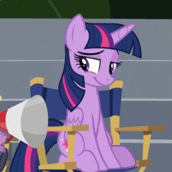 Size: 511x511 | Tagged: safe, derpibooru import, screencap, twilight sparkle, twilight sparkle (alicorn), alicorn, pony, horse play, chair, cropped, director's chair, female, mare, megaphone, raised eyebrow, sideways glance, sitting, smiling, solo focus