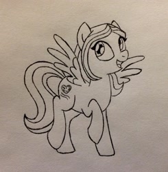 Size: 2001x2044 | Tagged: safe, artist:madikatfangirl, oc, oc only, oc:moon brook, pegasus, pony, 4chan, drawthread, monochrome, smiling, solo, spread wings, traditional art, wings