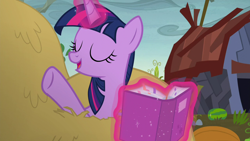 Size: 1280x720 | Tagged: safe, derpibooru import, screencap, twilight sparkle, twilight sparkle (alicorn), alicorn, the hooffields and mccolts, book, hay, magic, solo