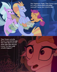 Size: 1024x1280 | Tagged: safe, derpibooru import, edit, edited screencap, screencap, princess skystar, queen novo, scootaloo, seapony (g4), my little pony: the movie, surf and/or turf, background sea pony, comic, cropped, doctor who, drums, fury from the deep, implied doctor whooves, screencap comic, sea-mcs, seaponified, seapony scootaloo, seaquestria, species swap, text