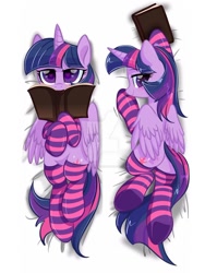Size: 1024x1365 | Tagged: safe, artist:colorfulcolor233, derpibooru import, twilight sparkle, twilight sparkle (alicorn), alicorn, pony, blushing, body pillow, body pillow design, book, butt, clothes, cute, deviantart watermark, female, heart eyes, looking at you, mare, obtrusive watermark, plot, socks, solo, striped socks, twiabetes, watermark, wingding eyes