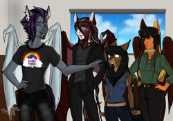 Size: 2480x1748 | Tagged: safe, artist:theecchiqueen, derpibooru import, oc, oc only, oc:daniel dasher, oc:lafayette roseheart, oc:octavus, oc:orpheus, anthro, dracony, hybrid, anthro oc, clothes, ear piercing, fangs, guards of the heart, male, mantipony, mantipony oc, pants, piercing, shirt, smiling, stallion, story in the source