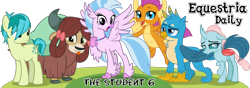 Size: 1000x350 | Tagged: safe, derpibooru import, gallus, ocellus, sandbar, silverstream, smolder, yona, classical hippogriff, griffon, hippogriff, season 8, spoiler:s08, banner, equestria daily, simple background, student six, transparent background