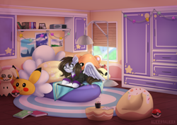 Size: 1024x725 | Tagged: safe, artist:alexa1alexa, derpibooru import, oc, oc only, pegasus, pikachu, pony, bed, book, female, glasses, lamp, mare, picture, pokéball, pokémon, solo, tablet, window