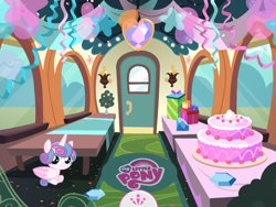 Size: 2048x1536 | Tagged: safe, derpibooru import, screencap, princess flurry heart, balloon, friendship celebration, friendship express, my little pony logo, party, solo