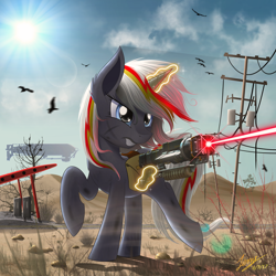 Size: 2500x2500 | Tagged: safe, artist:duskie-06, oc, oc only, oc:velvet remedy, bird, pony, unicorn, fallout equestria, airship, cloud, energy weapon, fallout 4, fanfic, fanfic art, female, fluttershy medical saddlebag, glow, glowing horn, gritted teeth, gun, hooves, horn, laser, laser gun, laser rifle, levitation, magic, magical energy weapon, mare, medical saddlebag, outdoors, power line, prydwen, raised hoof, saddle bag, sky, solo, sun, teeth, telekinesis, wasteland, weapon, zeppelin