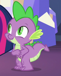 Size: 316x390 | Tagged: safe, derpibooru import, screencap, spike, twilight sparkle, twilight sparkle (alicorn), alicorn, dragon, a royal problem, season 7, claws, cropped, male, offscreen character, smiling, tail