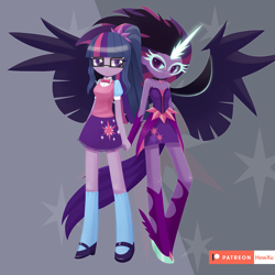 Size: 1000x1000 | Tagged: safe, artist:howxu, derpibooru import, midnight sparkle, sci-twi, twilight sparkle, equestria girls, clothes, cutie mark on clothes, duality, female, glasses, holding hands, looking at you, patreon, patreon logo, skirt, unamused