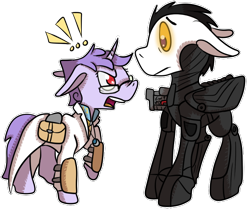 Size: 630x530 | Tagged: safe, artist:okbutwhyeventho, derpibooru import, oc, oc:pipe dream, oc:technical circuits, pegasus, pony, unicorn, fallout equestria, fallout equestria: dissonance, armor, clothes, combat armor, enclave armor, glowing eyes, jewelry, lab coat, necklace, pair, power armor, vault suit, yelling