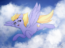 Size: 1280x960 | Tagged: safe, artist:honiibree, derpibooru import, cloud kicker, pegasus, pony, cloud, female, flying, mare, sky, solo, ych result