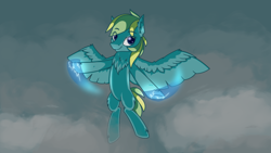 Size: 1024x576 | Tagged: safe, artist:pollynia, derpibooru import, oc, oc only, pegasus, pony, chest fluff, dark cloud, female, floating, lightning, smiling, solo, thunderbolt