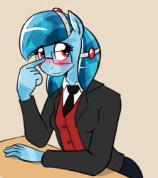 Size: 648x730 | Tagged: safe, artist:whatsapokemon, derpibooru import, oc, oc only, oc:historia, anthro, anthro oc, blushing, clothes, female, glasses, mare, pants, shirt, simple background, smiling, solo, suit, table