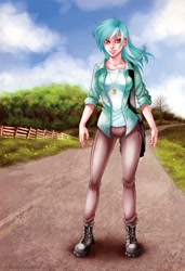 Size: 683x1000 | Tagged: safe, artist:limreiart, lyra heartstrings, human, fanfic:anthropology, cloud, fanfic, fanfic art, female, humanized, jewelry, pendant, road, solo, tree
