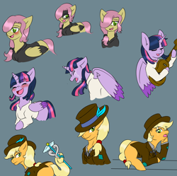 Size: 2016x2005 | Tagged: safe, artist:jolliapplegirl, derpibooru import, applejack, fluttershy, twilight sparkle, twilight sparkle (alicorn), alicorn, earth pony, pegasus, pony, crossover, hadeshy, hadestown, hermejack, musical, orpheus sparkle