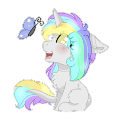 Size: 1500x1500 | Tagged: safe, artist:adostume, derpibooru import, oc, oc only, oc:smoothie, butterfly, pony, unicorn, blushing, chest fluff, chibi, happy, leonine tail, simple background, smiling, solo, transparent background