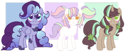 Size: 1024x430 | Tagged: safe, artist:peachjay, derpibooru import, oc, oc only, oc:green tea, oc:moon pie, oc:pretty pastel, earth pony, pegasus, pony, unicorn, base used, female, mare, simple background, transparent background