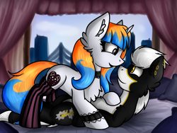 Size: 1895x1425 | Tagged: safe, artist:deraniel, derpibooru import, oc, earth pony, pony, unicorn, clothes, couple, cute, ear fluff, female, fluffy, hug, lying, male, mare, socks, stallion