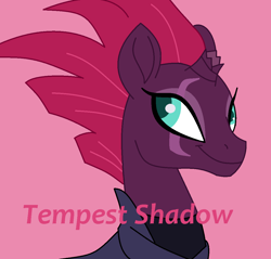 Size: 1109x1058 | Tagged: safe, artist:cunningjanja, tempest shadow, pony, unicorn, my little pony: the movie, broken horn, eye scar, female, mare, pink background, scar, simple background, solo