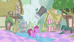 Size: 1280x720 | Tagged: safe, derpibooru import, screencap, berry punch, berryshine, earth pony, pony, the return of harmony, background pony, building, chaos, discorded landscape, eyes closed, female, floating island, food, green sky, mare, pepper, pepper shaker, ponyville, pre sneeze, raised hoof, scenery, solo, well