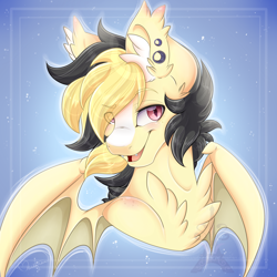 Size: 1600x1600 | Tagged: safe, artist:pvrii, oc, oc only, bat pony, pony, fangs, hair over one eye, male, simple background, slit eyes, smiling, solo, stallion