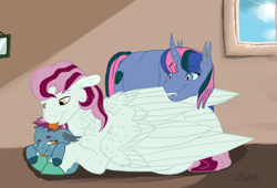 Size: 3020x2059 | Tagged: safe, artist:stripesthegriff, derpibooru import, oc, oc:holly-hay carol, oc:oleander, oc:parasite, pegasus, pony, unicorn, female, kindverse, lesbian, magical lesbian spawn, male, mother and child, mother and son, offspring, parent and child, parent:oc:firefly, parent:oc:galaxy guard, parent:oc:holly-hay carol, parent:oc:parasite, parent:oc:pristine melody, parent:oc:turquoise edge