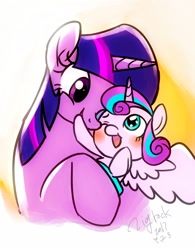 Size: 1250x1600 | Tagged: safe, artist:zigrock, princess flurry heart, twilight sparkle, twilight sparkle (alicorn), alicorn, pony, aunt and niece, auntie twilight, blushing, cute, flurrybetes, hug, wingless