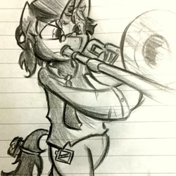 Size: 726x726 | Tagged: safe, artist:mr.candy_owo, derpibooru import, oc, oc only, oc:schwarz, lined paper, solo, traditional art, trombone